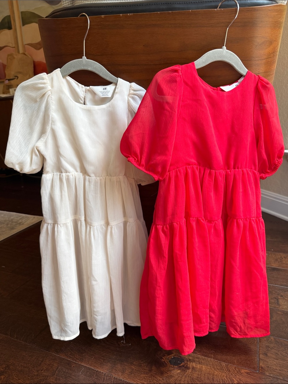 TWIN H&M Kids Puff-Sleeve Tiered Maxi Dresses - Red / Cream